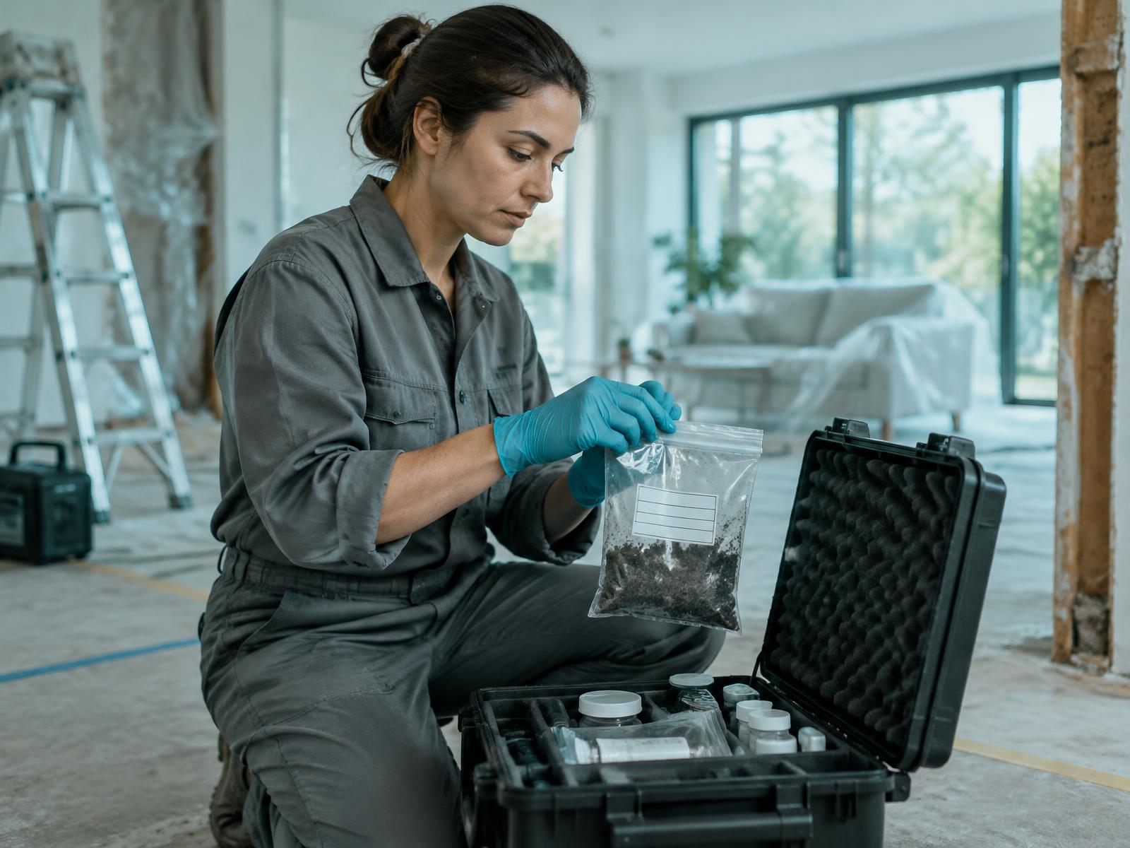 Certified EnviroTest Pro sampler sealing a labeled asbestos sample into a chain-of-custody case